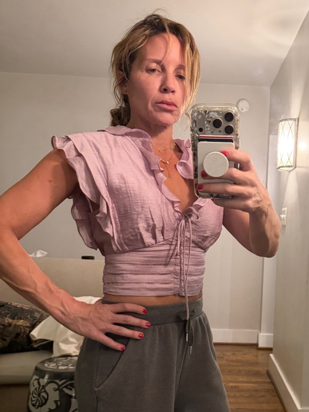 Astr Dusty Pink Ruffle Tie-Front Crop Blouse